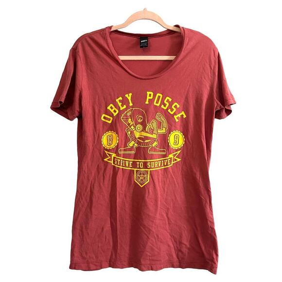 OBEY Posse Strive to Survive Red Graphic Tee T-Shirt Top Women’s Sz Large - Picture 1 of 4